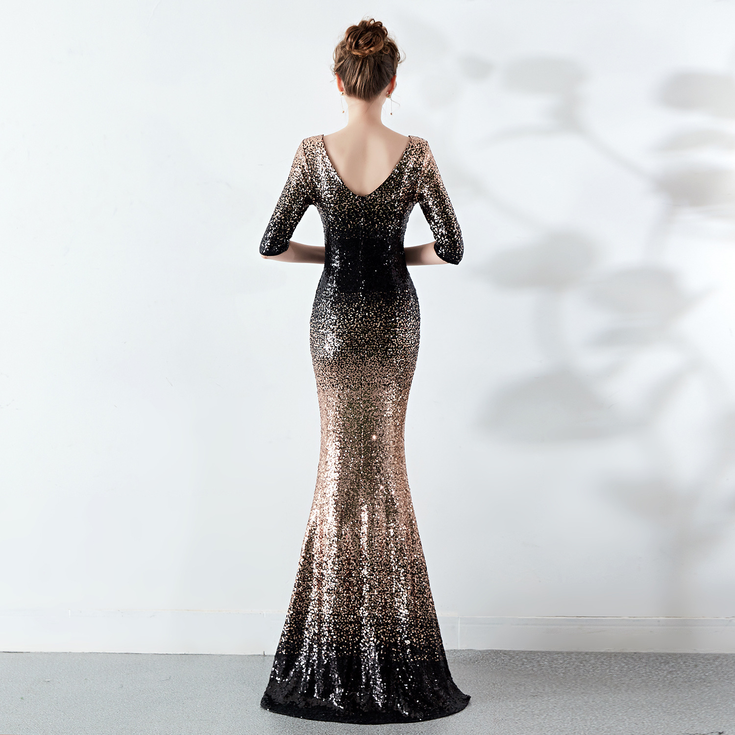 Sparkly Sequins Two Tone Evening Dresses Half Sleeve Jewel Neck Mermaid Prom Gown vestidos de fiesta robe de soiree de mariage