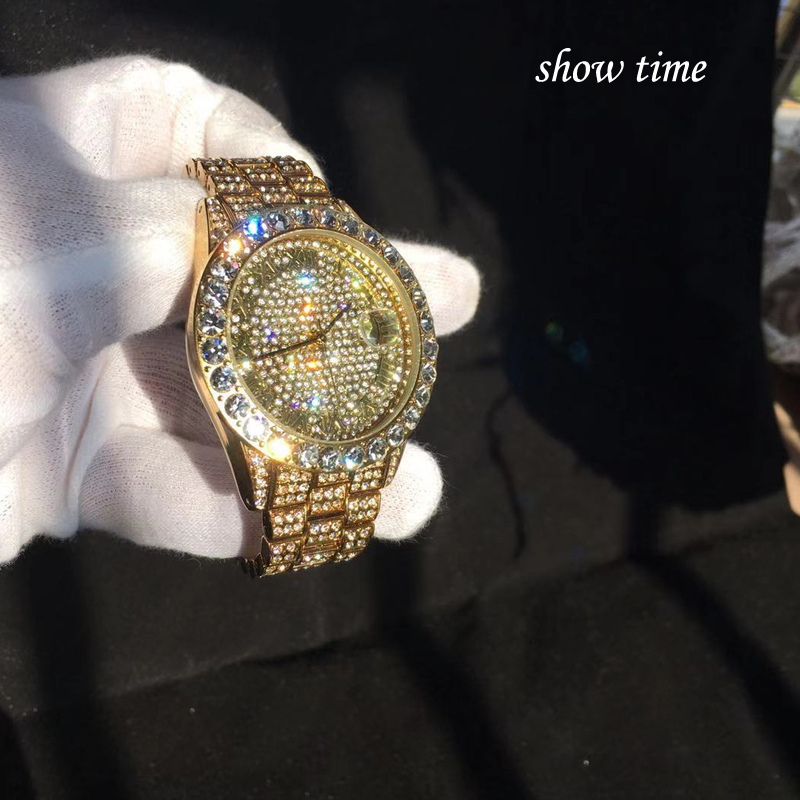 Full Bling Large Diamond Watch For Men ICED-Out Hip Hop Mens Quartz Watches Waterproof Date Male Clock Gold Steel Relogio XFCS LJ201119