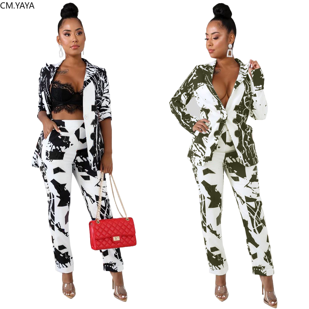 New Autumn Winter Print Full Sleeve Blazers High Wasit Pants Suit 2 Piece Set Office Lady Outfit uniform Women's set D5069 T200818