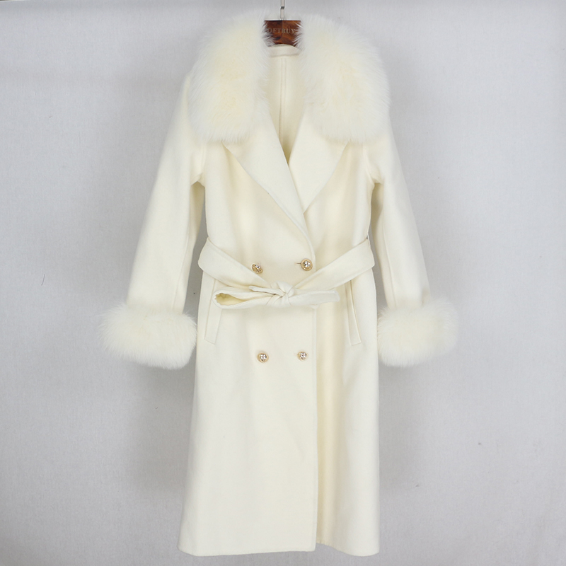 OFTBUY Double Breasted Cashmere Wool Blends Real Fur Coat Winter Jacket Women Natural Fox Fur Collar and Cuffs Streetwear 201103