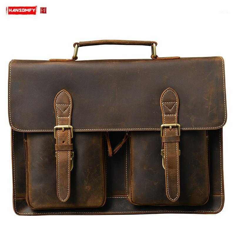 

New Cowhide Leather Business 14" Briefcase Men's handbag crazy horse leather shoulder messenger bag Men laptop schoolbag bags1, Dark brown
