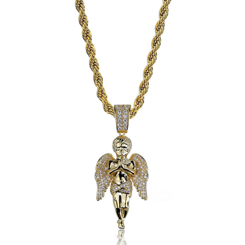 Pendant Jewelry Exquisite Bling Zircon Paved Punk Men Women Necklace Gold Plated Pray Angel Hip Hop Necklaces Wholesale LN074 Free shipping Free shipp