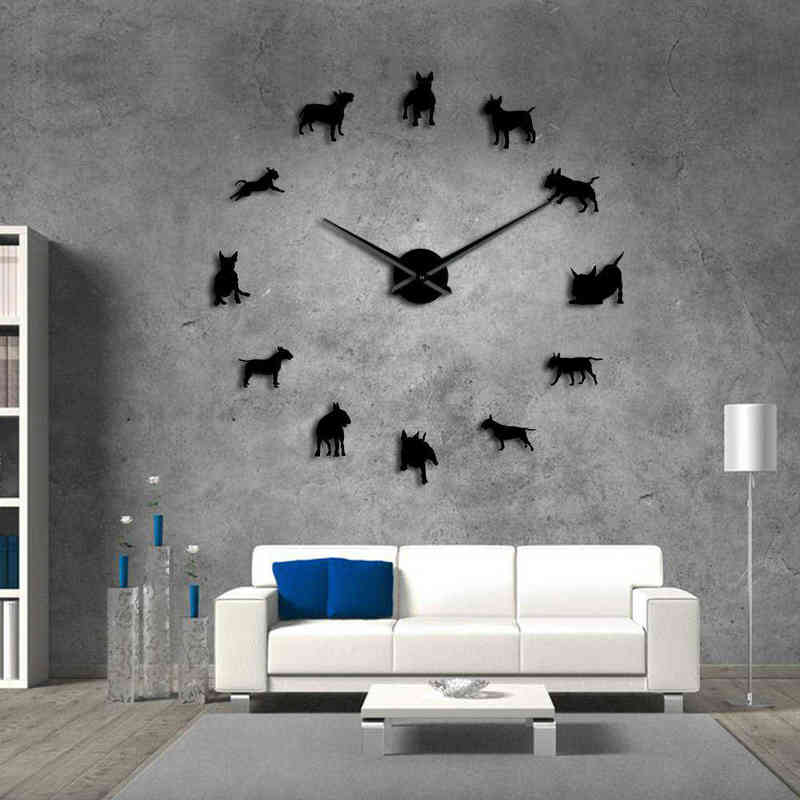 DIY Large Wall Clock Bullterrier Dog Wall Art Dog Breed Pug Needle Clock Watch Pet Shop Decor Gift for Bull Terrier Lovers H1230