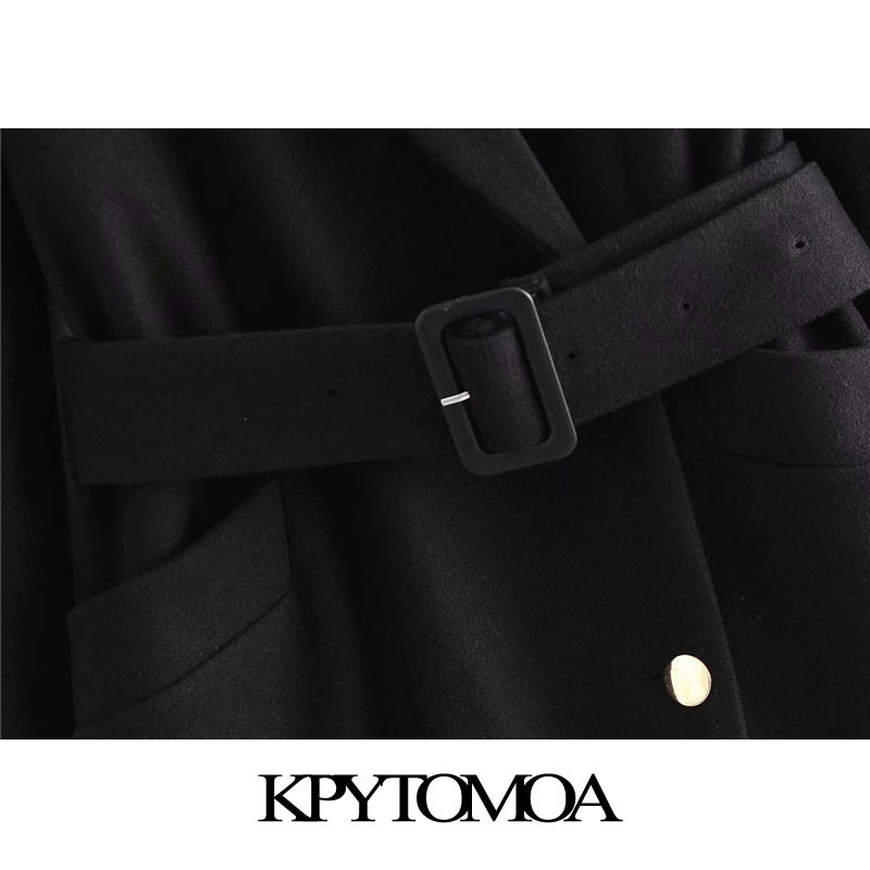 KPYTOMOA Women Fashion With Belt Double Breasted Woolen Coat Vintage Long Sleeve Pockets Female Outerwear Chic Overcoat 201102