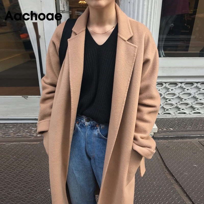 Aachoae Lady Solid Long Wool Coat Batwing Long Sleeve Elegant Office Jacket Female Turn Down Collar Casual Coat Women 201222