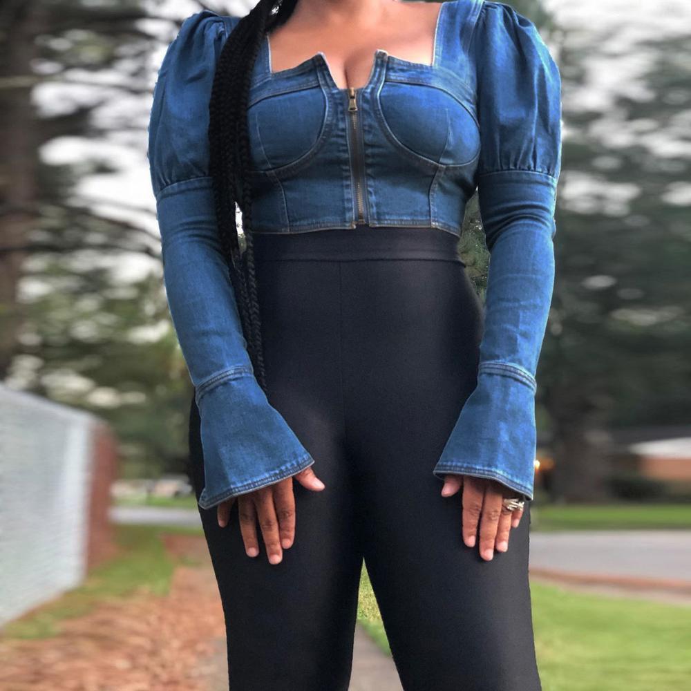 Wjustforu Sexy Bandage Short Denim Jacket For Women Zipper Casual Flare Sleeve Jean Coat Female Fashion Hollow Out Party Jacket 201026