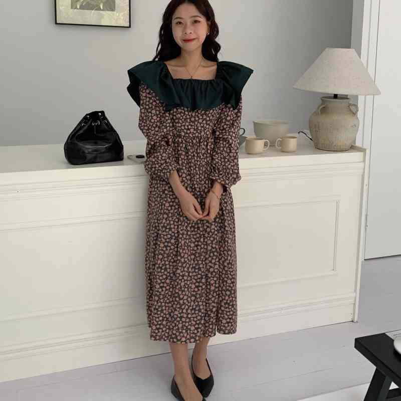 Sweet Long Dress Woman Ins Spring Wooden Ear Stitching Square Neck Strapless Waist Puff Sleeve Floral Dresses, Black;gray