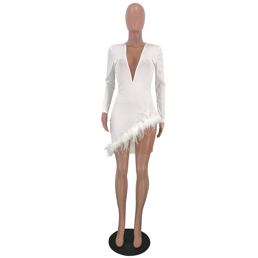 Women Spring Winter Mini Dress O-Neck Mesh Feather Patchwork Sexy Night Club Party Bandage Street Bodycon Dresses GL3198 201008
