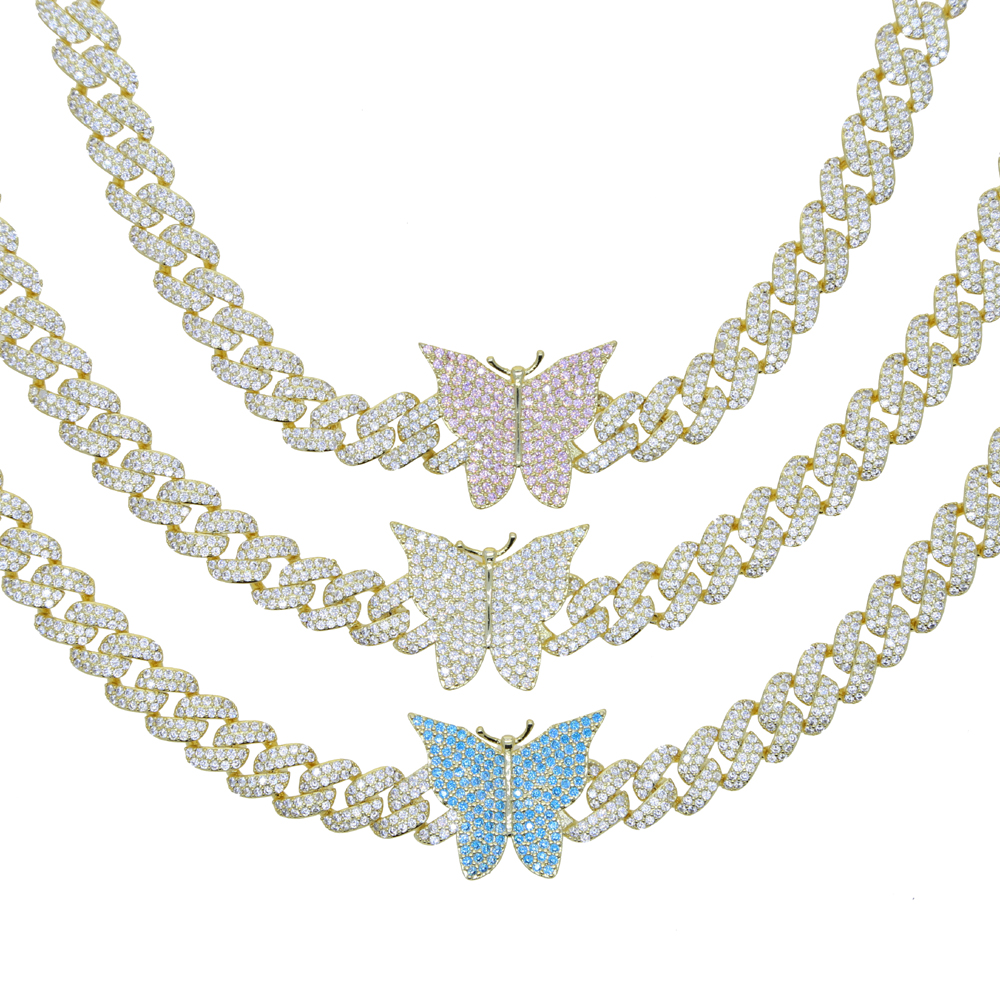 Gold Metal Color Micro Pave Blue Pink White CZ Butterfly Charm Miami Cuban Link Chain Choker Necklace for Women 2021 New Fashion Jewelry