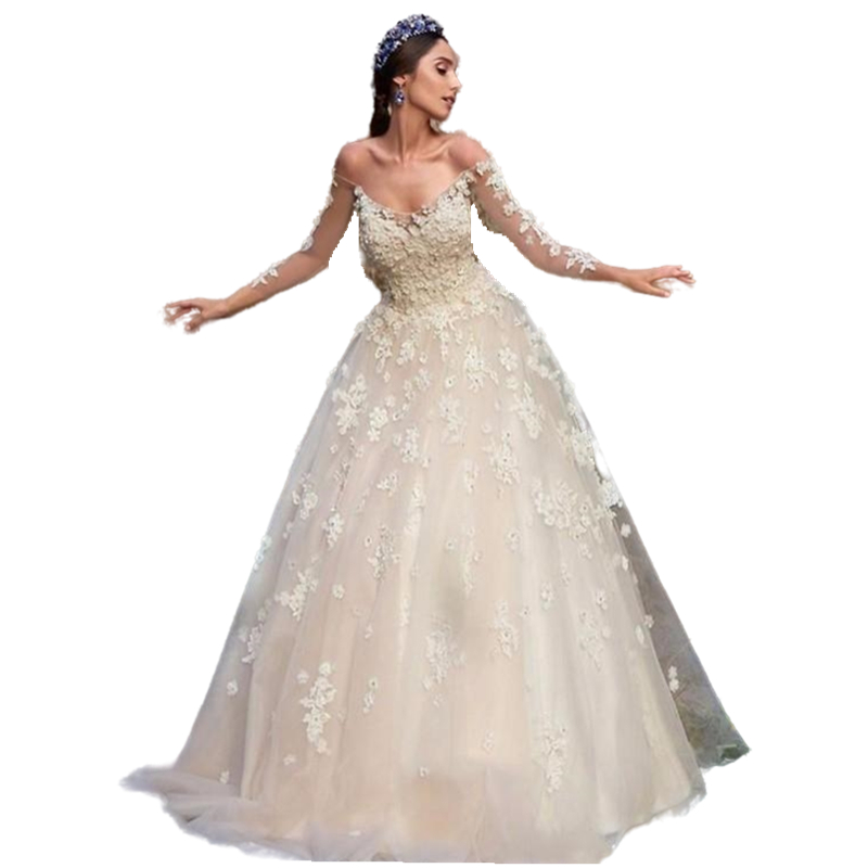 Romantic 2022 Spring Flowers Wedding Dresses Bridal Gowns Pretty A Line Lace Beaded Off Shoulder Long Sleeve Tulle Bride Formal Dress Back Buttons Ves