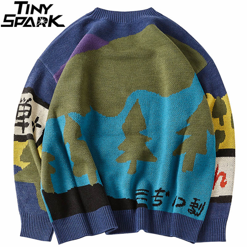 Hip Hop Streetwear Knitted Sweater Men Kanji Monster Printed Pullover Harajuku Cotton Autumn Fashion Casual Sweater Hipster 201221
