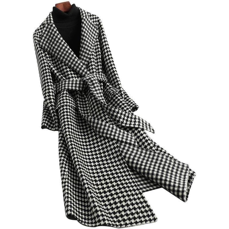 Autumn Winter Women Warm Wool Coat Fashion Plaid Belted Blends Outwear Female Korean Streetwear Thick Long Coats 201215