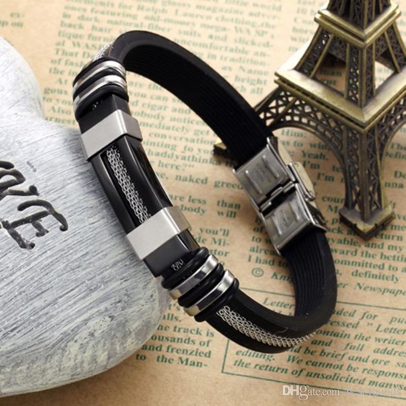 Mens Bracelets Black Stainless Steel Silicone Bracelets Charm Bracelet Male Bangle For Men Jewelry Silver & Rose Gold Color