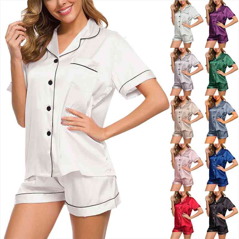 Autumn Pajamas Sets Ladies Silk Satin Solid Color Sleepwear Simple Short-sleeved Shirt Shorts Pajamas Suit Womens Homewear T6, Black;red
Autumn Pajamas Sets Ladies Silk Satin Solid Color Sleepwear Simple Short-sleeved Shirt Shorts Pajamas Suit Womens Homewear T6, Black;red