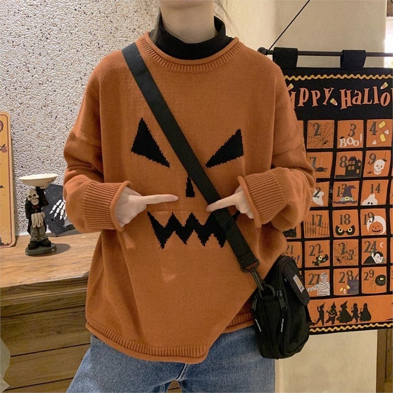 Yangelo Halloween Party Sweaters Women Pullovers Pumpkin Grimace Sweaters Women Sweet Style Women Sweaters Gothic Girl Harajuku 201017