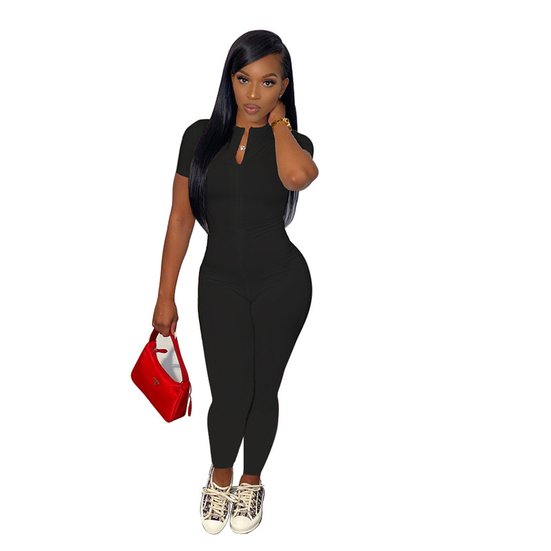 Wholesale Jumpsuits Summer Women rompers Short Sleeve Jumper Suit Solid Zipper bodycon bodysuits Casual Solid Skinny leggings Black Overalls Bulk 5710