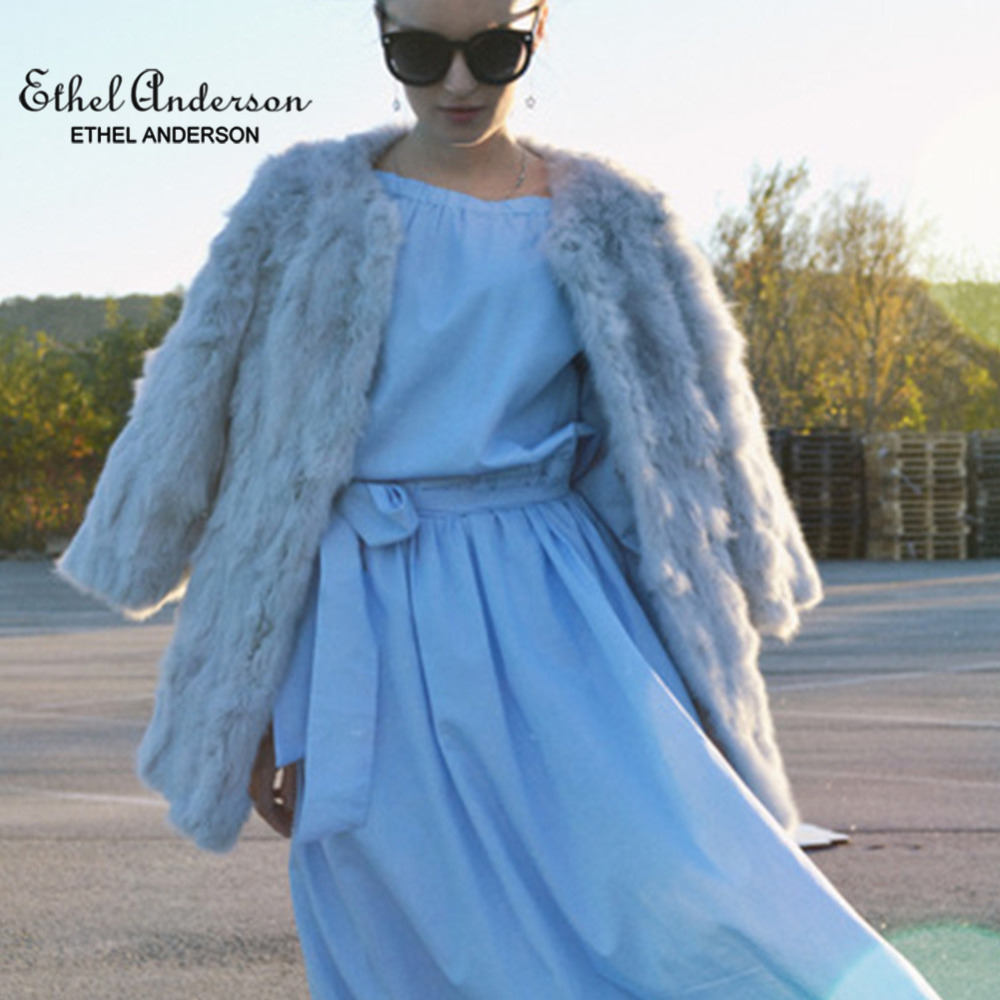 Ethel Anderson Natural O-Neck Thin Long Real Coat Genuine Full Pelt Jacket Women's Rabbit Fur Outwear 201103