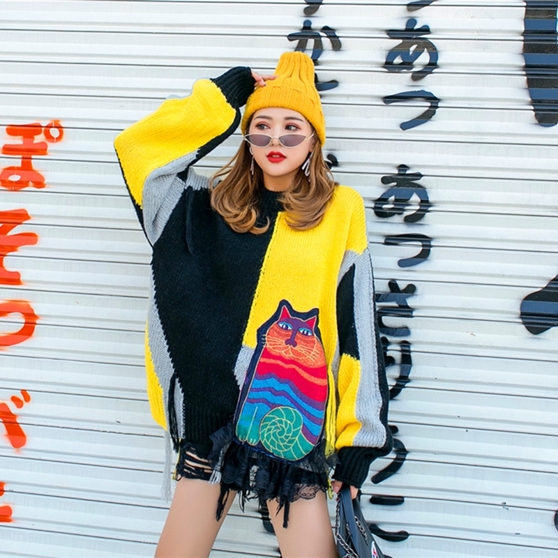 Vefadisa Women Pullovers Sweater 2020 Autumn Winter Women Cat Appliques Sweater Female Patchwork Color Tassel Sweater LJ201114