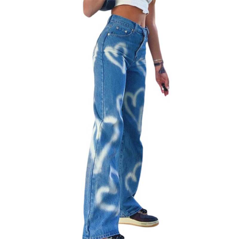 Women Causal Vintage Jeans Heart Printed Baggy Jeans Women High Waist Lady Jeans Denim Streetwear Trousers