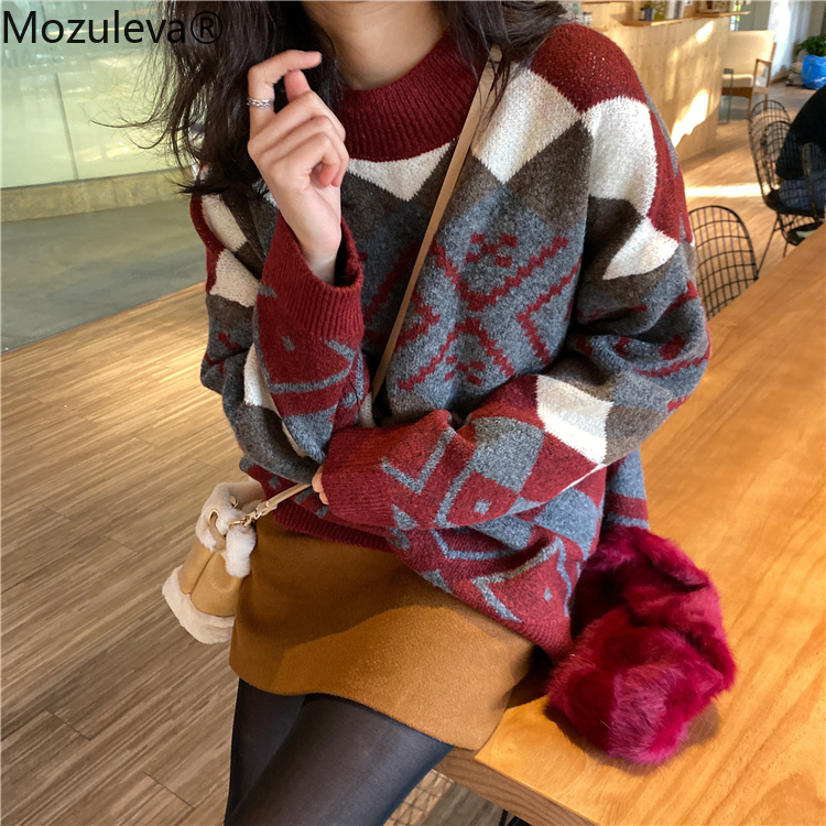 Mozuleva Autumn Winter Argyle Printed O-Neck Full Sleeve Sweater for Women Female Regular Knitted Sweater Pullovers 201109