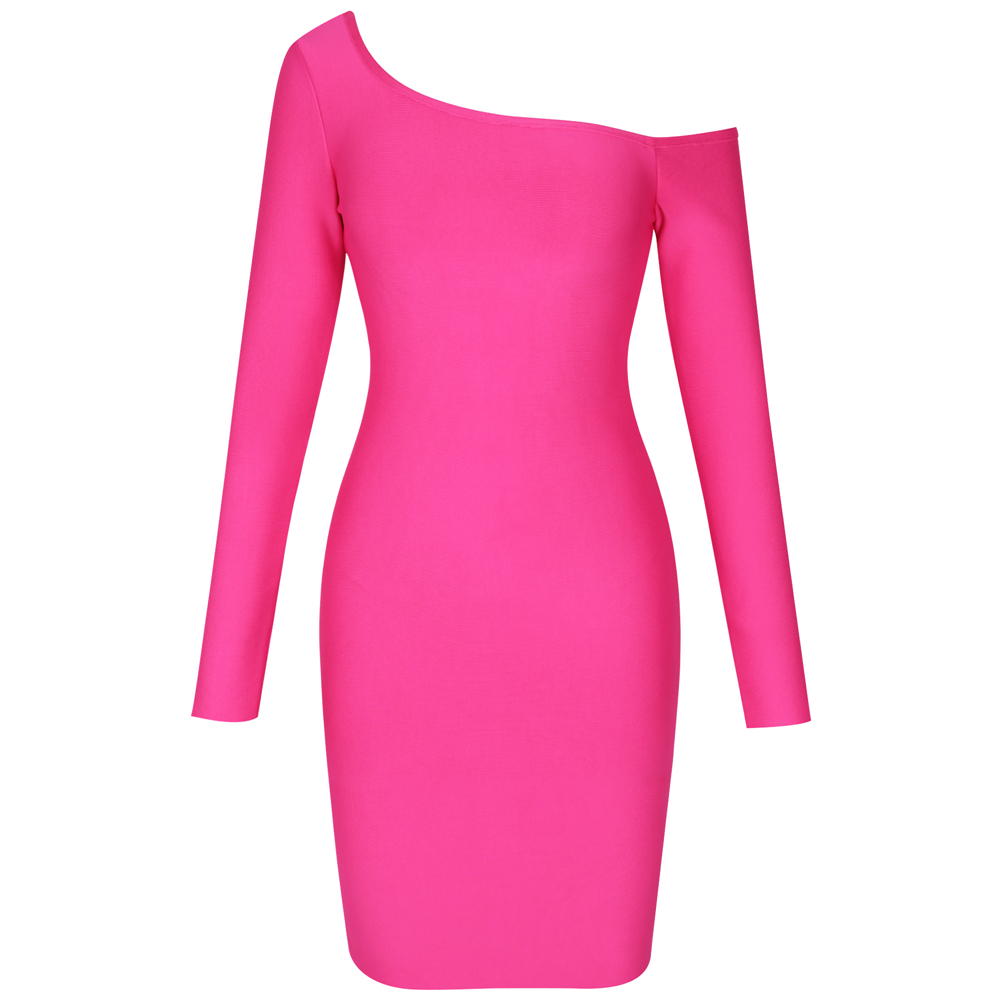 Ocstrade Women New Arrival One Shoulder Bandage Dress Sexy Hot Pink Long Sleeve Bandage Dress Bodycon Club Party Dress T200604