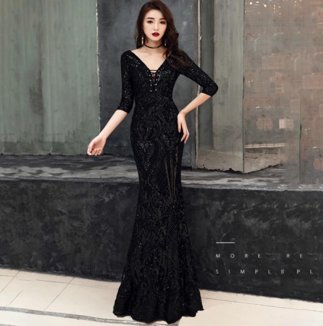 Emerald Green Mermaid Evening Dresses with Half Sleeve Sequins Applique Lace Real Image Prom Party Gown robe de soirée femme