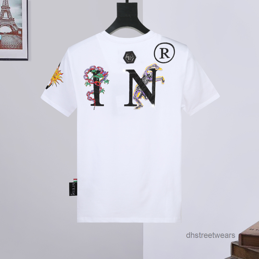 Philip Pulan and short sleeve men's round neck T-shirt domineering personality casual couple PP hot diamond printing skull t, White
Philip Pulan and short sleeve men's round neck T-shirt domineering personality casual couple PP hot diamond printing skull t, White