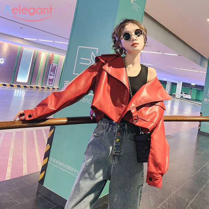 Aelegantmis Black Short Loose Pu Leather Jacket Autumn Winter Soft Faux Leather Jacket Street Casual Outwear Ladies Biker Jacket LJ201127