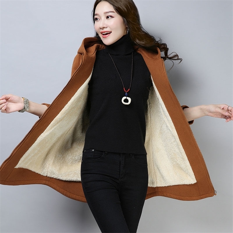Autumn Winter Women Fleece Thickened Hooded Jacket Cashmere Mid-length Warm Zipper Coat Female Woolen Loose Hooded Outwear 201217