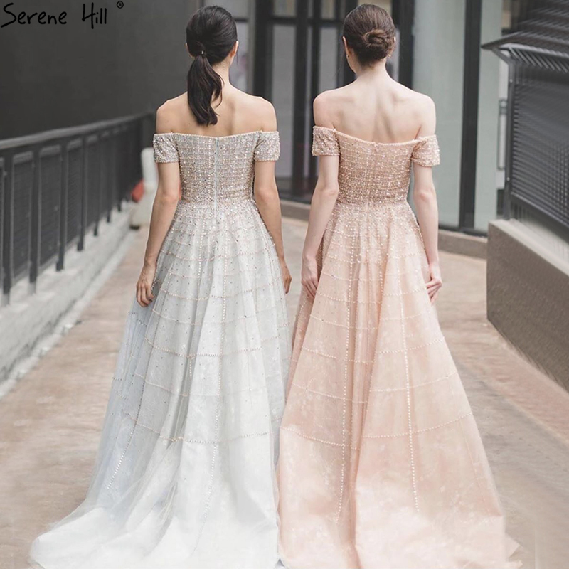 Silver Off Shoulder Short Sleeve Evening Dresses Dubai A-Line Beading Diamond Evening Gowns Serene Hill LA70263 201114