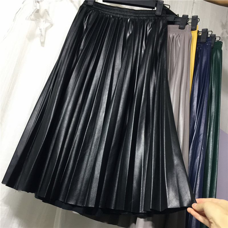 new women pu leather pleated skirt halflength retro highwaisted slim organ leather skirt pleated long skirt female T200324