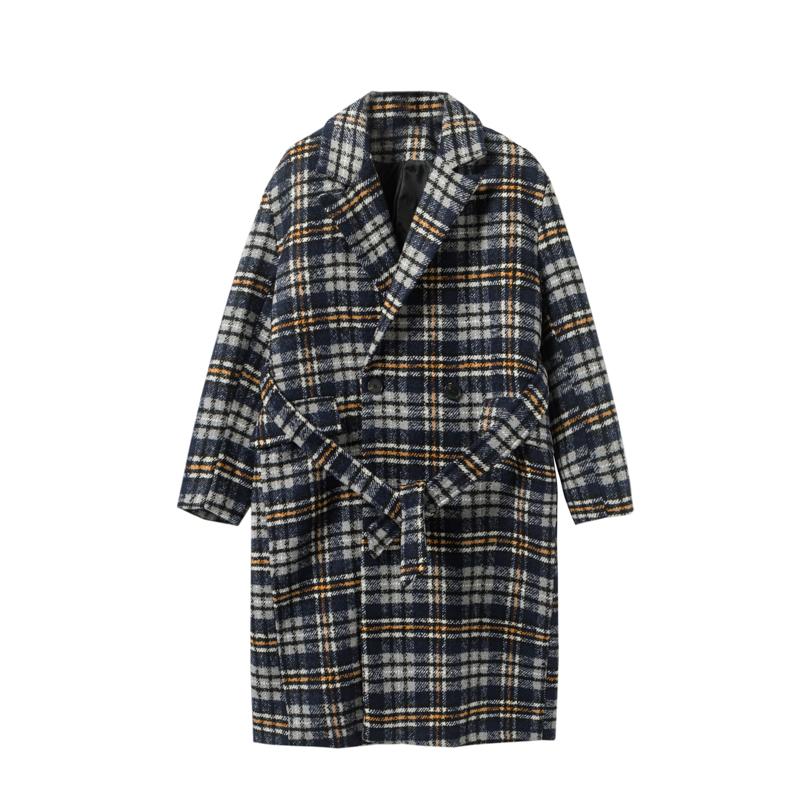 New Male Vintage Casual Loose Woolen Jacket Overcoat Men Double Breasted Belt Thick Wool Plaid Long Trench Coat Outerwear1
