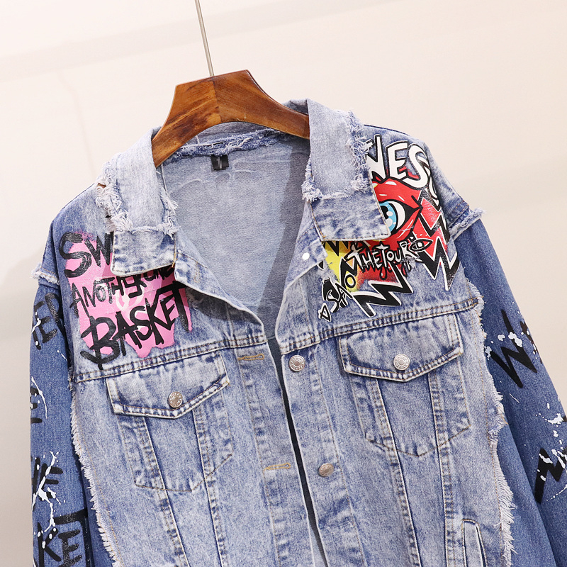 Autumn New Fashion Denim Coat Women Harajuku Graffiti Print Worn Out Long Sleeve Denim Jacket Girl Students Jeans Coats Outwear T200319
