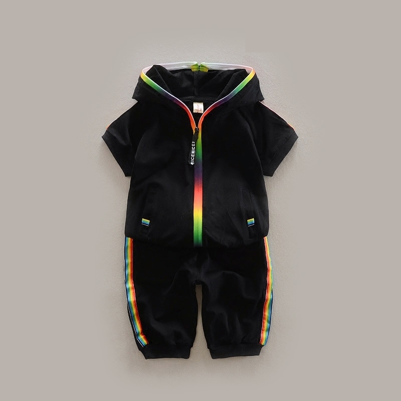 Children Summer Cotton Garment Baby Boys Girls Candy-colored Zipper Hoodies Short 2 Pcs/Set Kids Short Sleeve Twinsets Tracksuit 201126