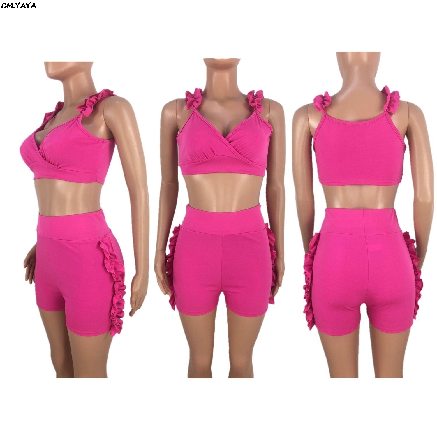 2019 women summer ruffles side splicing spaghetti strap vneck crop top & shorts suit two piece set beach tracksuit outfit L5052 T200603