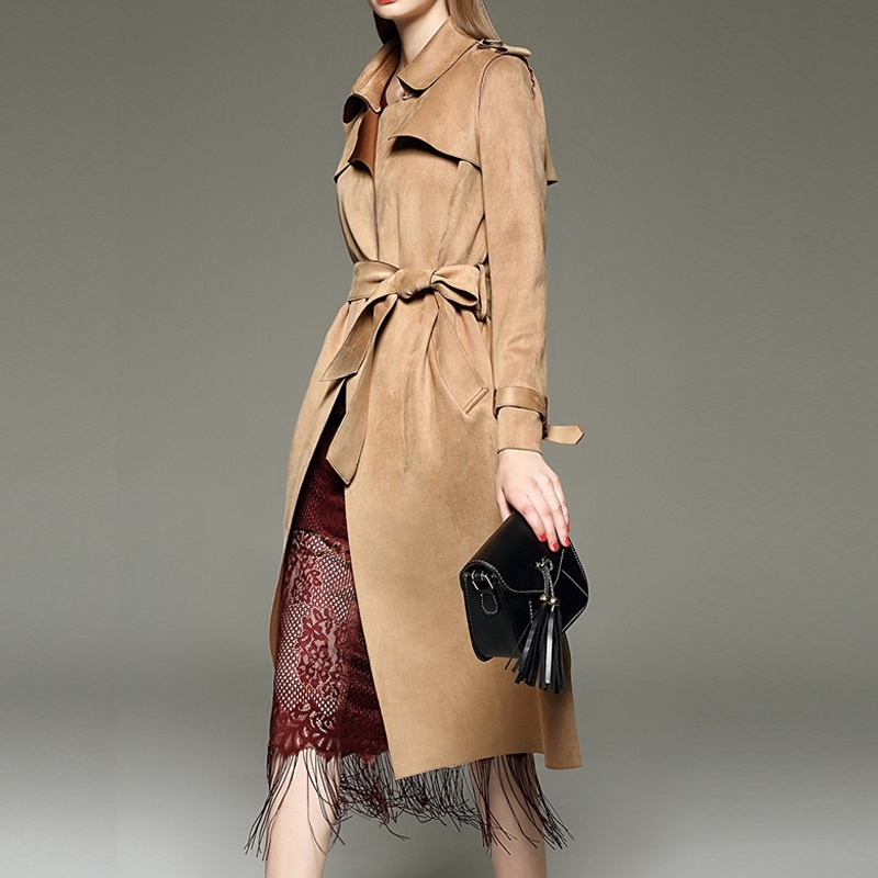 Autumn Winter Suede Women's Long Trench Coats Camel Sashes Windbreaker Coat Pink Armygreen Gray Outerwear 201102