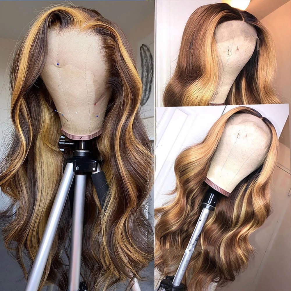 Highlight brazilian HD Transparent frontal Wig body wave Remy Ombre Honey Blonde And Brown well balayaged lace front Wigs full natural 150% diva1