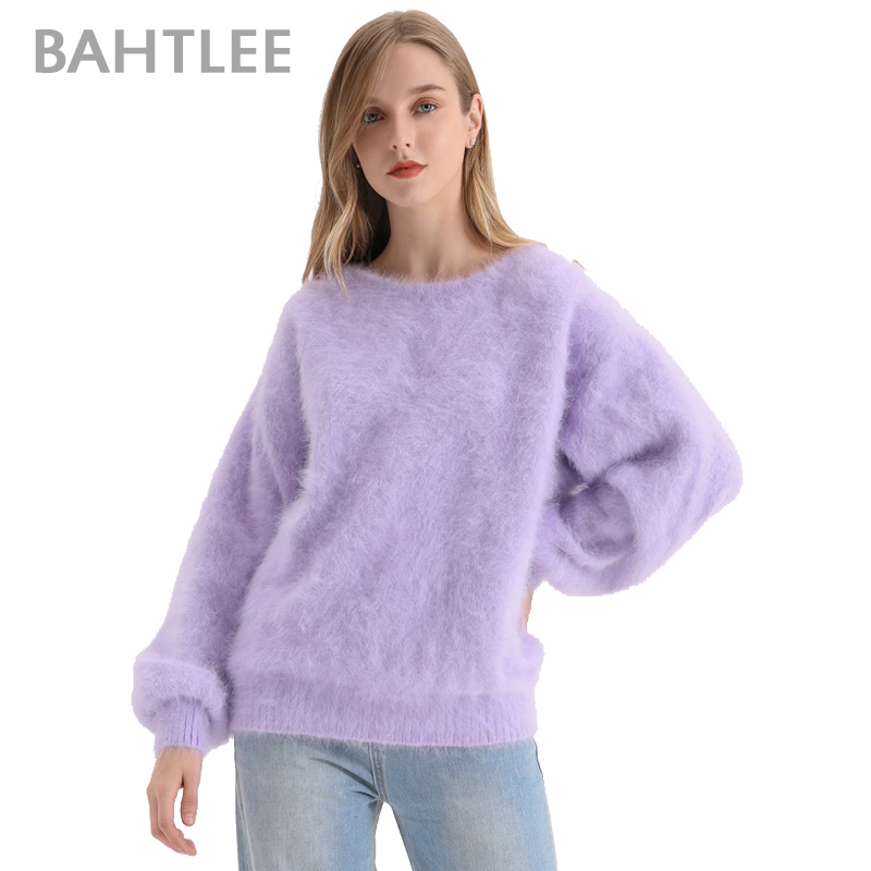 BAHTLEE Autumn Winter Women's Angora Rabbit Knitted Pullovers Sweater O-NECK Lantern Sleeve Mink Cashmere Thick Keep Warm 201023