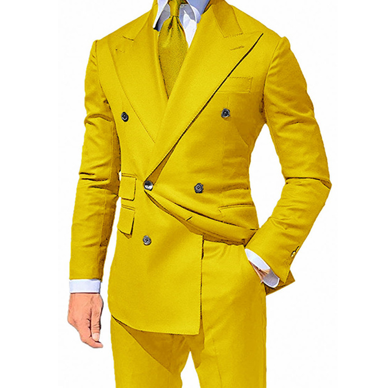 Yellow Double Breasted Slim fit Suits for Men Peaked Lapel Custom 2 piece Wedding Groom Tuxedos Man Fashion Clothes Set Jacket 201106