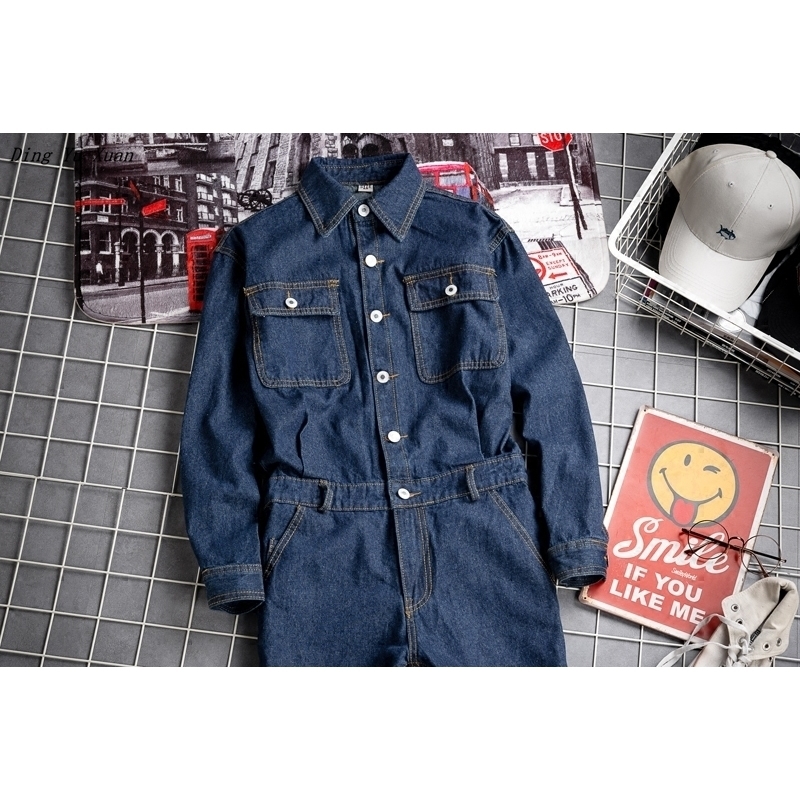 Men's One Piece Denim Bib Overalls With Jackets Long Sleeve Cargo Overalls Jeans Jumpsuits For Male Work Suit Stage Costumes 201111