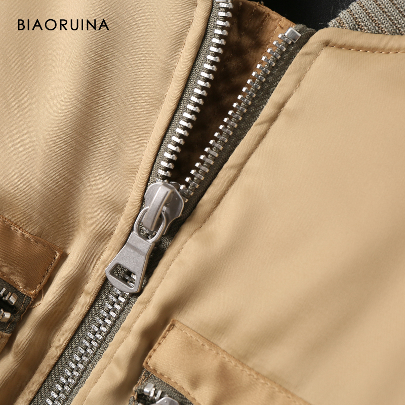 BIAORUINA Women Khaki Patchwork Smooth Thick Short Jacket Female Autumn Winter Bomber Jacket Stnad Collar Oversized Coat 201023