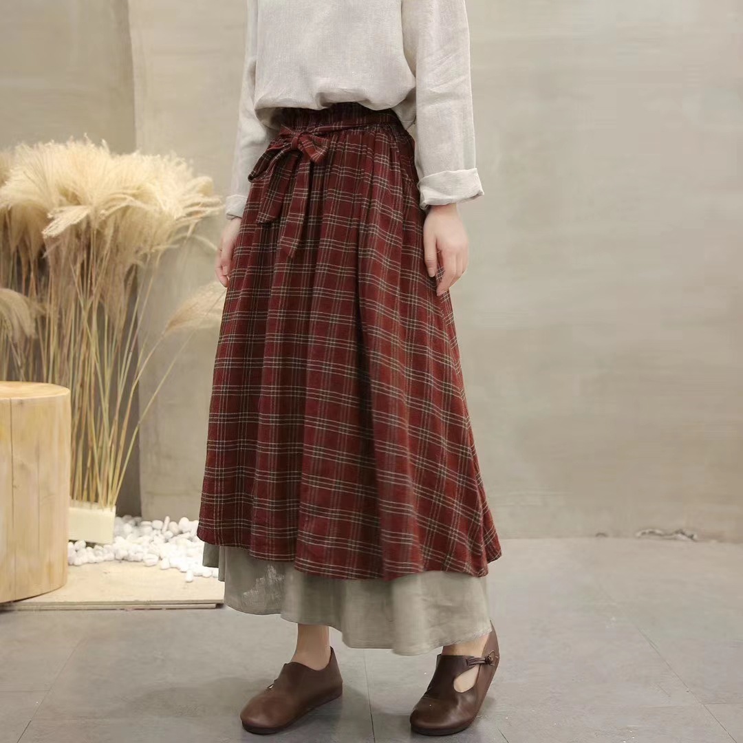 Vintage England plaid Elastic waist ALine bow belt layers skirt mori girl June new arrival 201110
