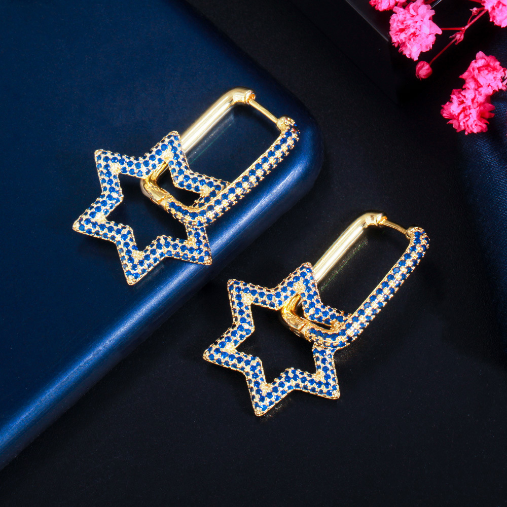 Shining Bling Full Colorful Zircon Hexagonal Dangle Drop Earrings Real Gold Plated Star Earring Jewelry No Fading