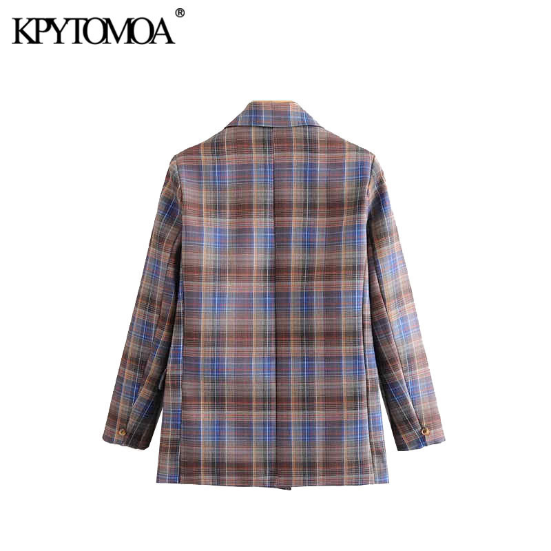 Vintage Stylish Double Breasted Plaid Blazer Coat Women Fashion Long Sleeve Pockets Office Wear Female Outerwear Chic Tops 201114