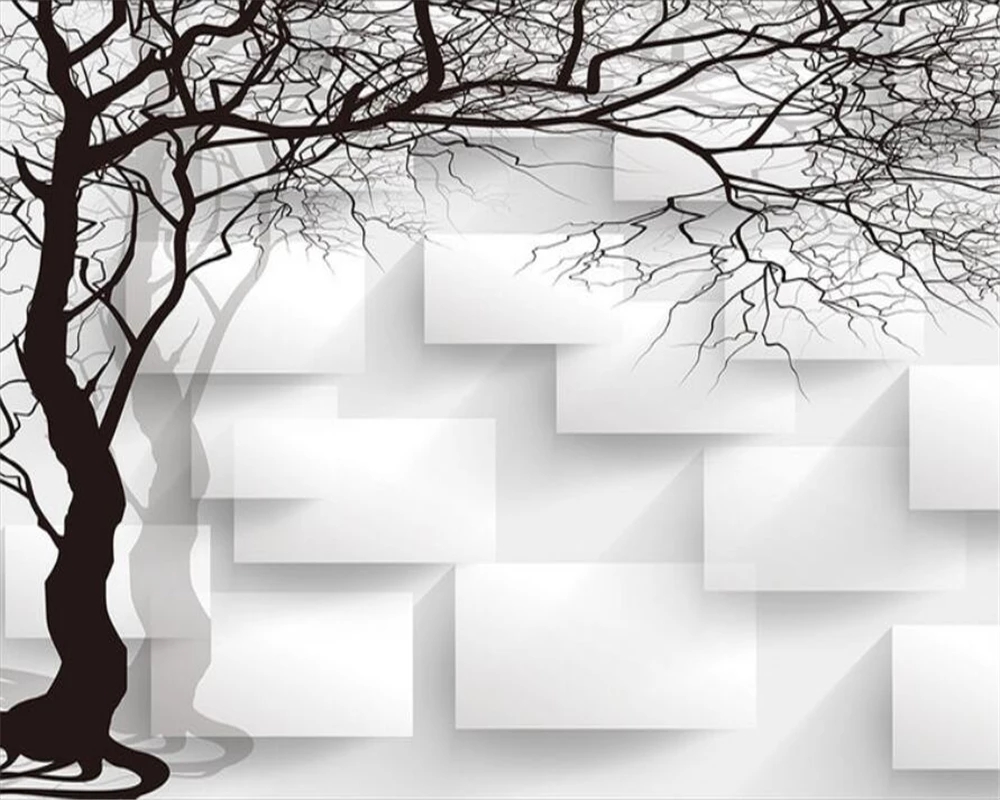 Custom Photo murals hand painted black and white 3d abstract tree box TV sofa background wallpapers Waterproof