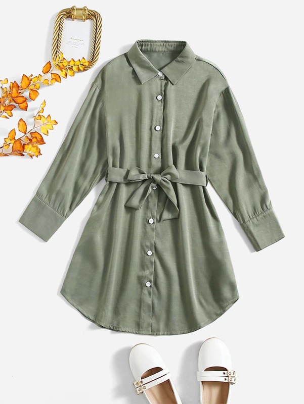 Girls Curved Hem Button Front Belted Shirt Dress SHE