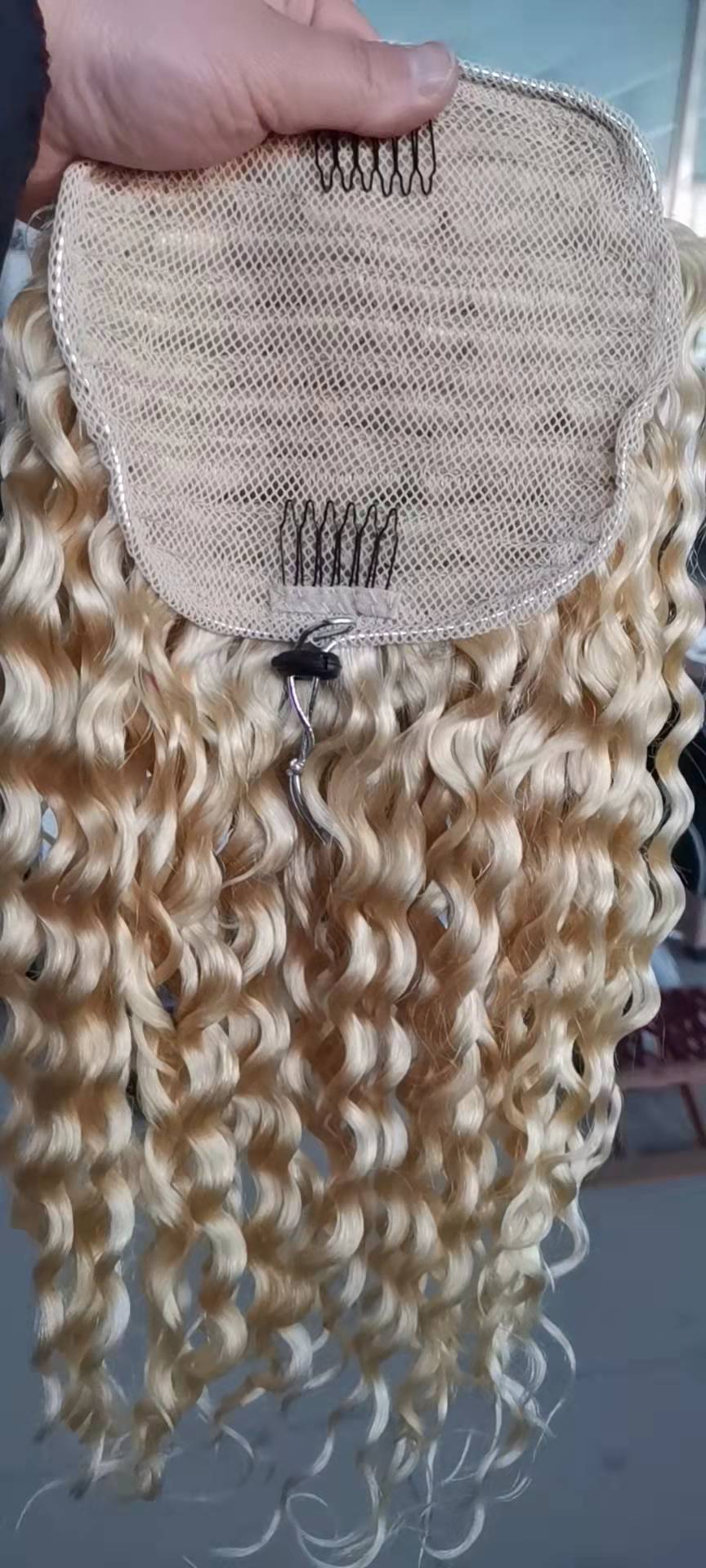 Fashion European ponytail cuticle aligned raw human Deep wave curly white 613 blonde draw string pony tail hair peace 140g 14inch