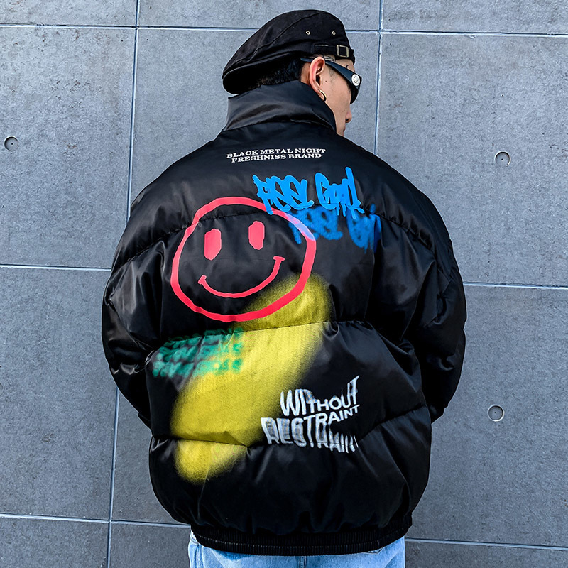 Hip Hop Jacket Parka Happy Graffiti Print Men Windbreaker Streetwear Harajuku Winter Padded Jacket Coat Warm Outwear Thick 201026