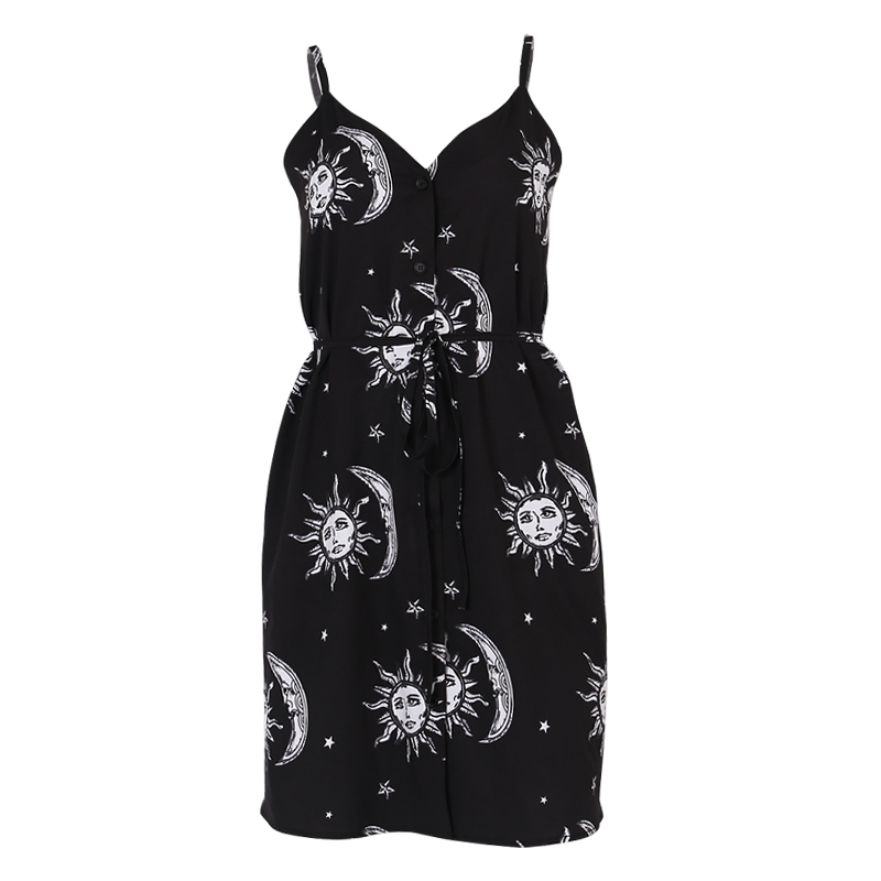 InsGoth Women Black Mini Dress Gothic Punk Sun Moon Printed Elegent Casual Loose Spaghetti Straps Aesic Vintage Female Dress T200604