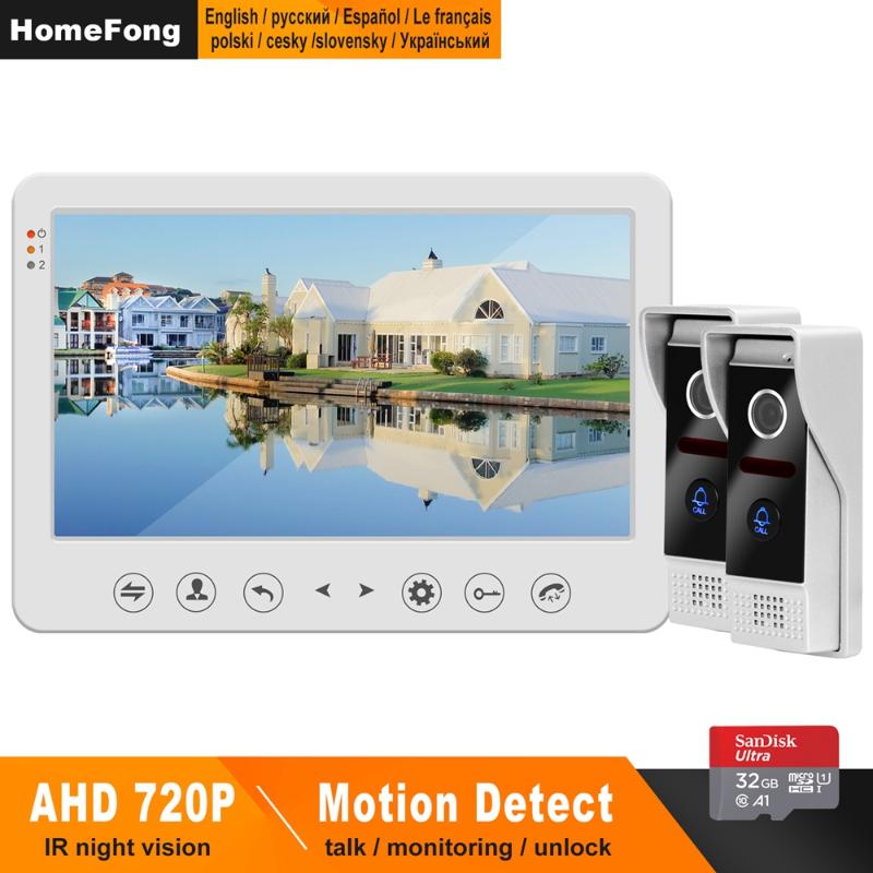 

HomeFong 10 Inch Wired Video Door Phone 1Monitor 2 Doorbell AHD 720P Door Intercom for Aaprtment Support Motion Detection Record